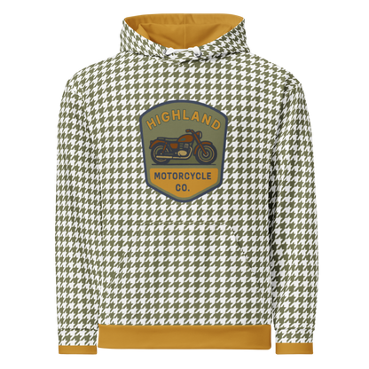 Houndstooth Motorcycle Hoodie with green and white pattern and Highland Motorcycle logo, soft brushed fleece inside, unisex fit