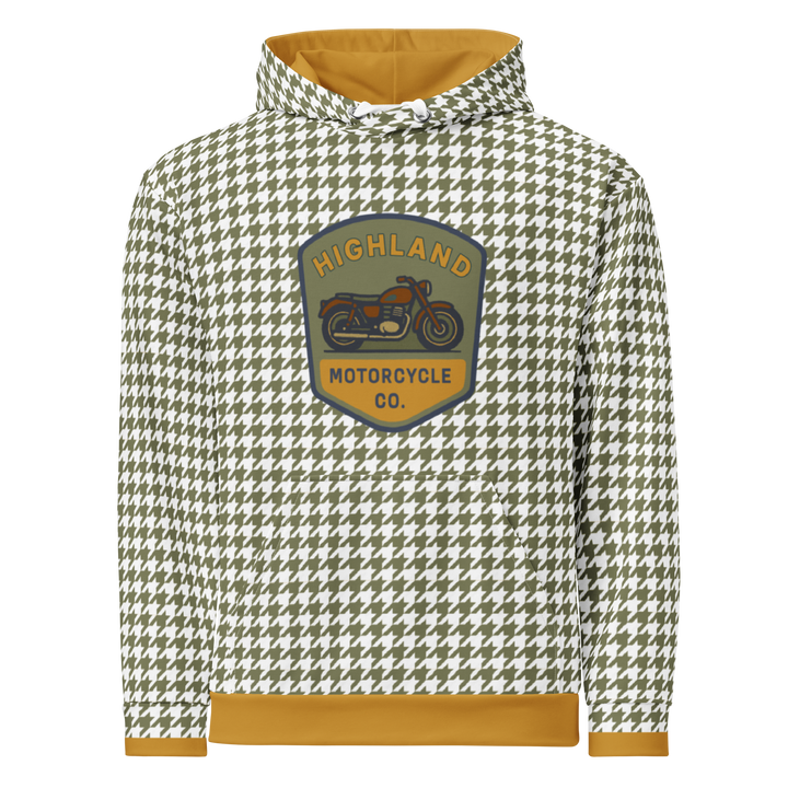 Houndstooth Motorcycle Hoodie with green and white pattern and Highland Motorcycle logo, soft brushed fleece inside, unisex fit
