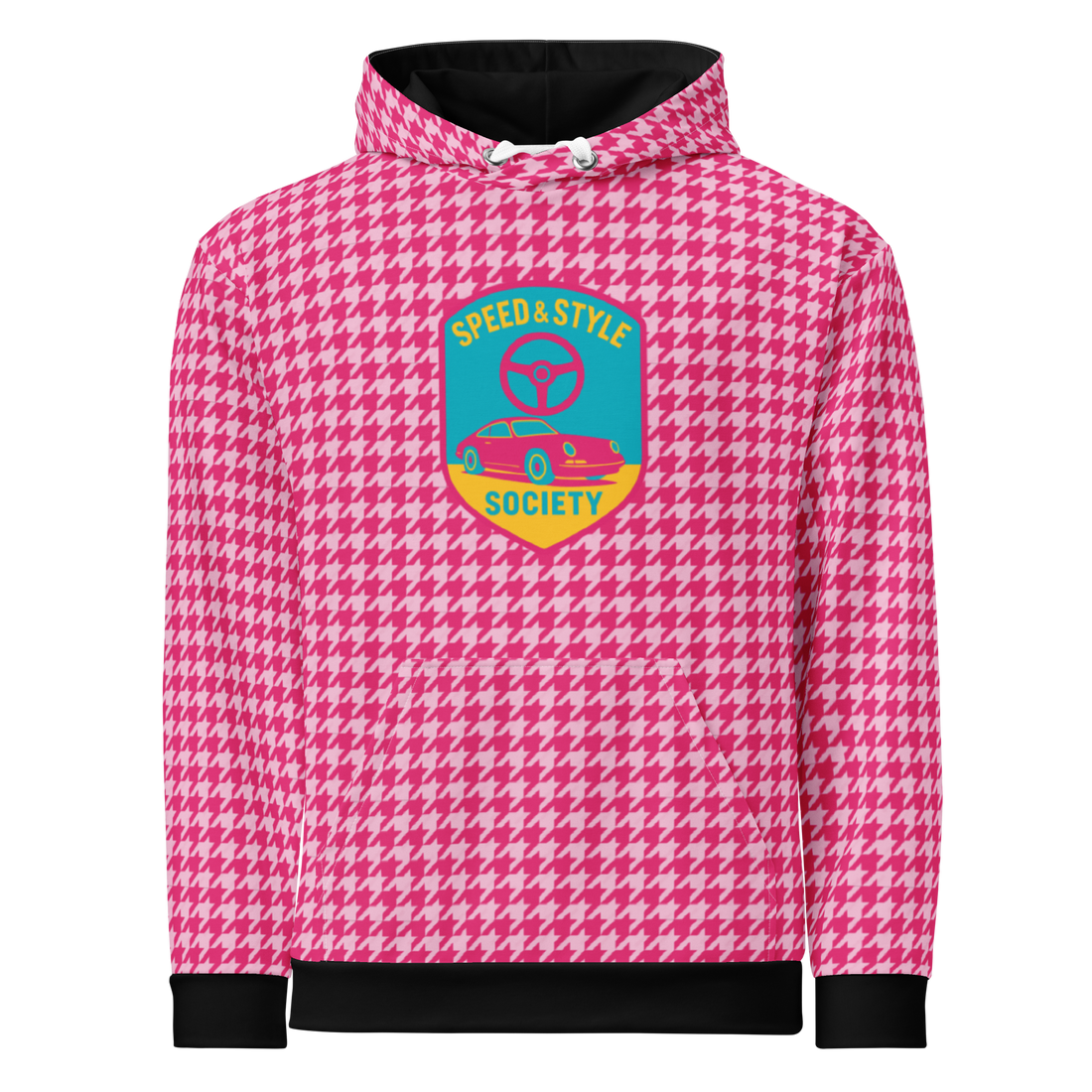 Pink houndstooth motorcycle hoodie with Speed &amp; Style Society logo, soft brushed fleece inside, unisex design