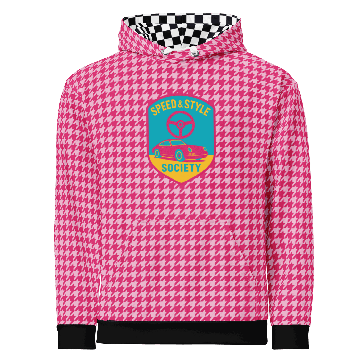Pink houndstooth motorcycle hoodie with Speed &amp; Style Society logo and checkered hood lining