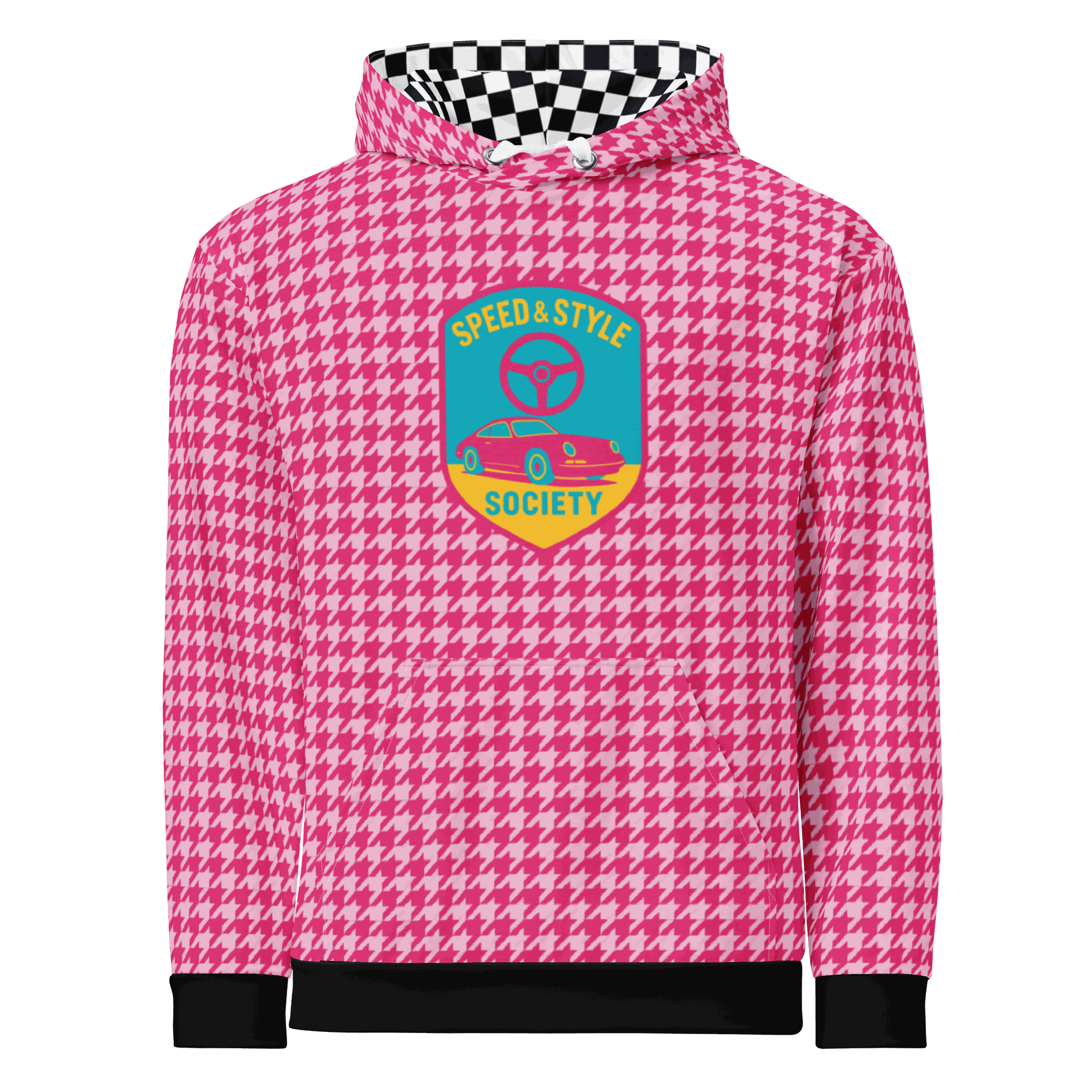 Pink houndstooth motorcycle hoodie with Speed & Style Society logo and checkered hood lining