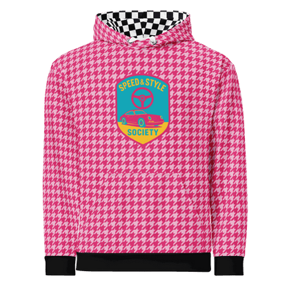 Pink houndstooth motorcycle hoodie with Speed &amp; Style Society logo and checkered hood lining