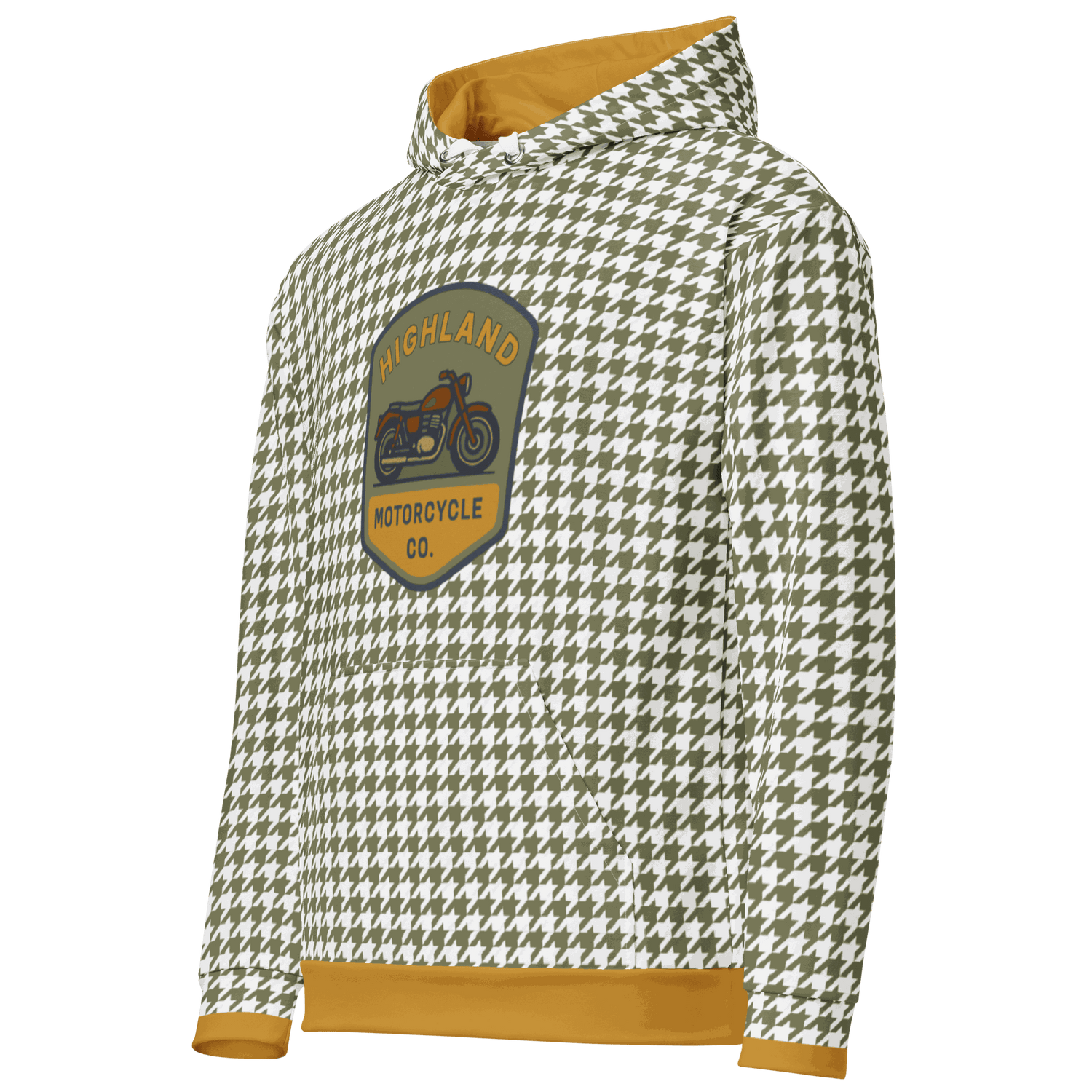 Unisex houndstooth motorcycle hoodie with soft brushed fleece lining and double-lined hood.