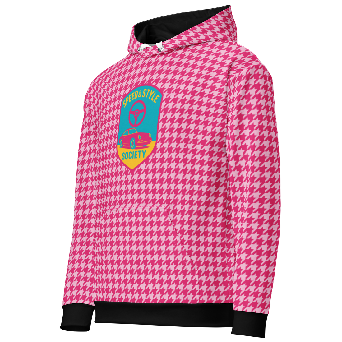 Unisex houndstooth motorcycle hoodie with vibrant pink pattern and soft brushed fleece lining