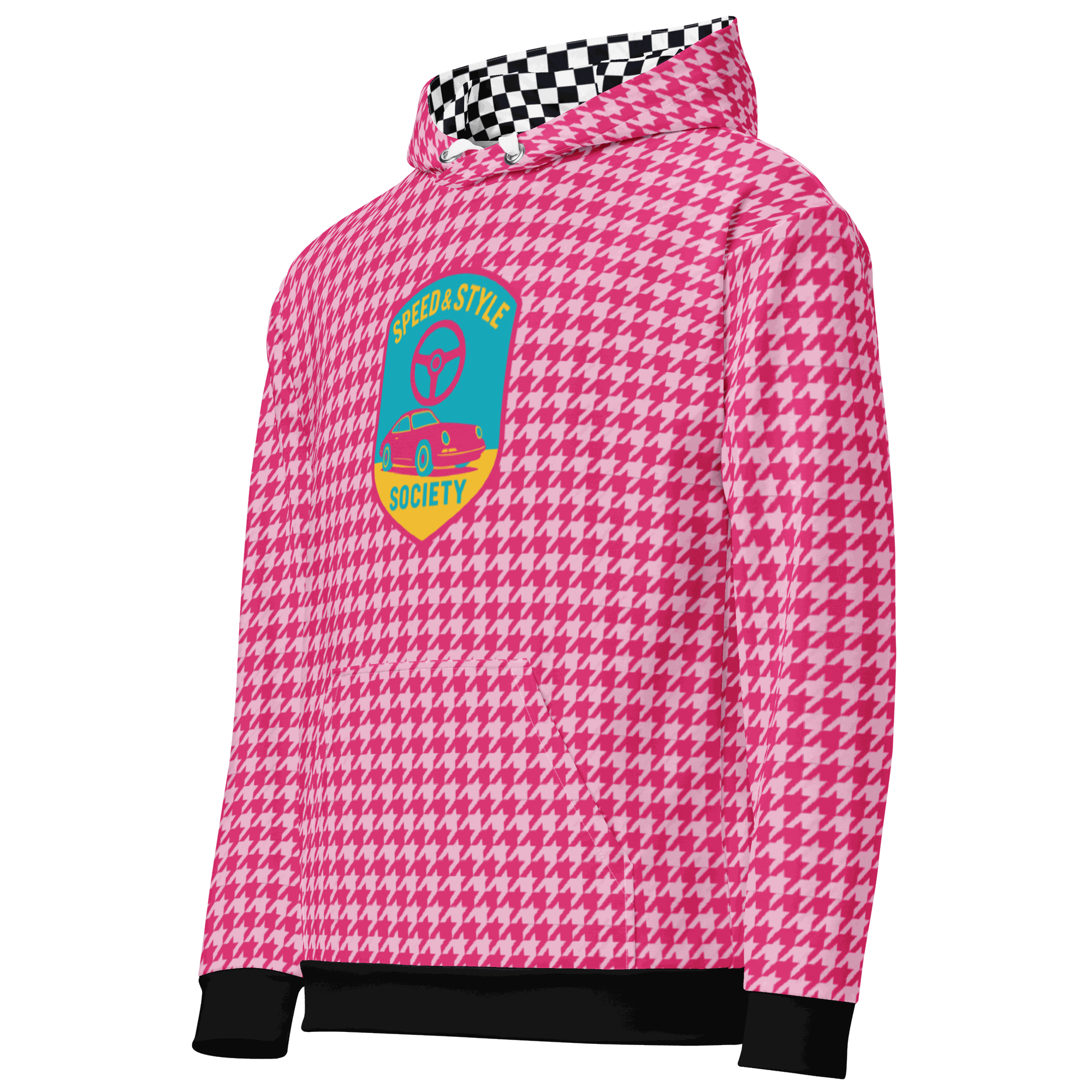 Pink houndstooth motorcycle hoodie with retro car emblem and checkered hood lining