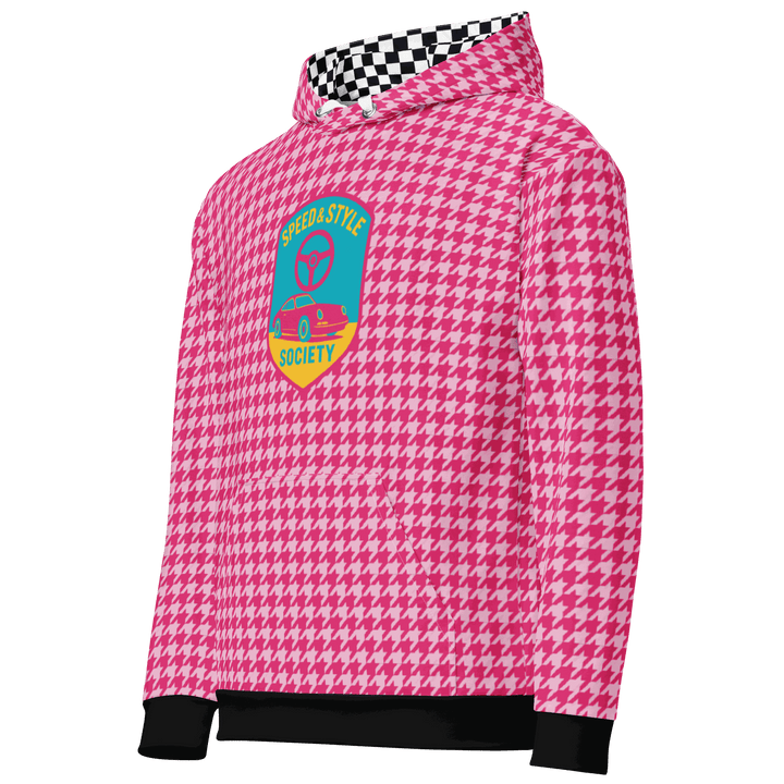 Pink houndstooth motorcycle hoodie with retro car emblem and checkered hood lining