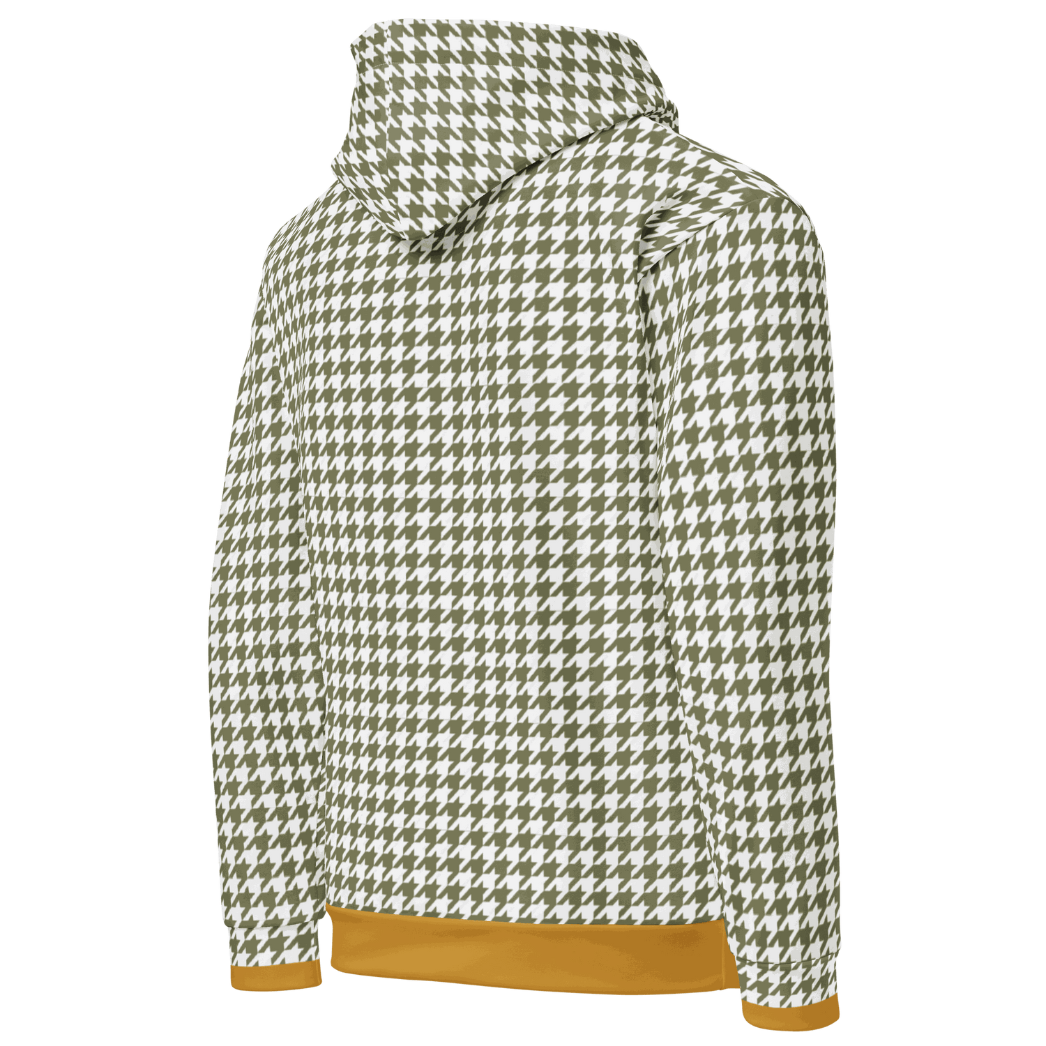 Back view of unisex houndstooth motorcycle hoodie with double-lined hood and mustard cuffs
