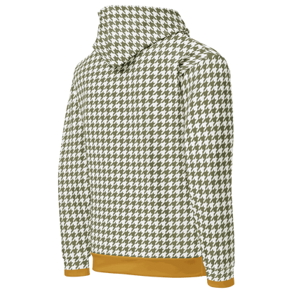 Back view of unisex houndstooth motorcycle hoodie with double-lined hood and mustard cuffs