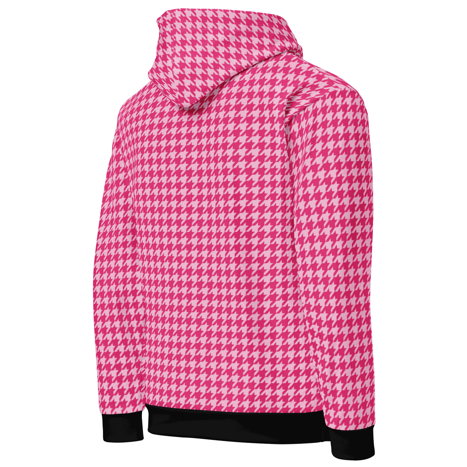 Pink and white houndstooth motorcycle hoodie with double-lined hood and black cuffs