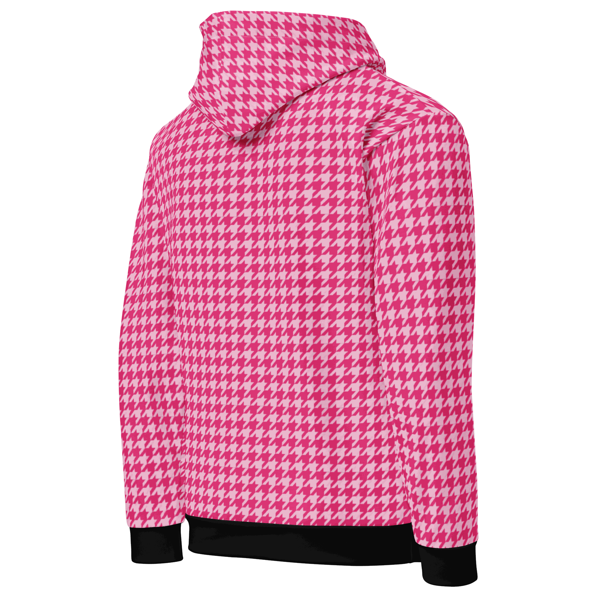 Pink and white houndstooth motorcycle hoodie with double-lined hood and black cuffs
