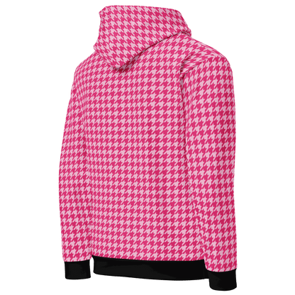 Pink and white houndstooth motorcycle hoodie with double-lined hood and black cuffs