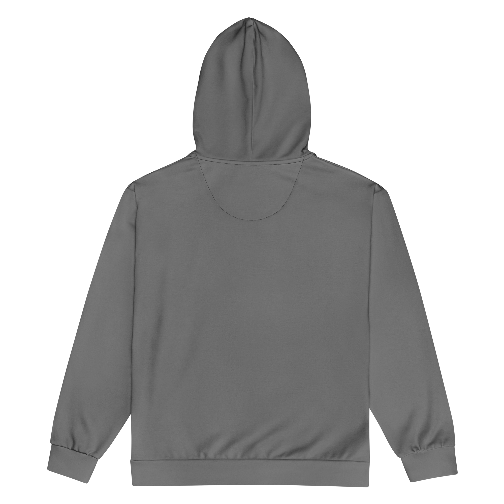 Back view of sustainable aviation hoodie in grey with hood and relaxed fit design