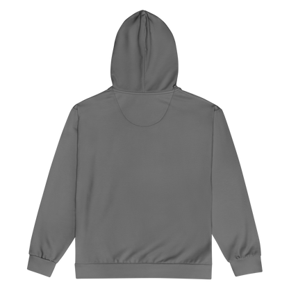 Back view of sustainable aviation hoodie in grey with hood and relaxed fit design