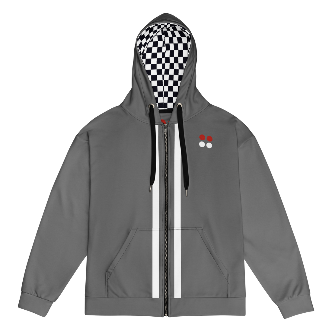 Gray sustainable aviation hoodie with zip, checkered hood lining, and front pockets