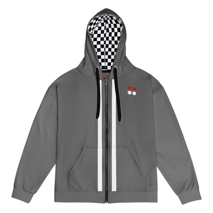 Gray sustainable aviation hoodie with zip, checkered hood lining, and front pockets