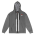Gray sustainable aviation hoodie with zip, checkered hood lining, and front pockets