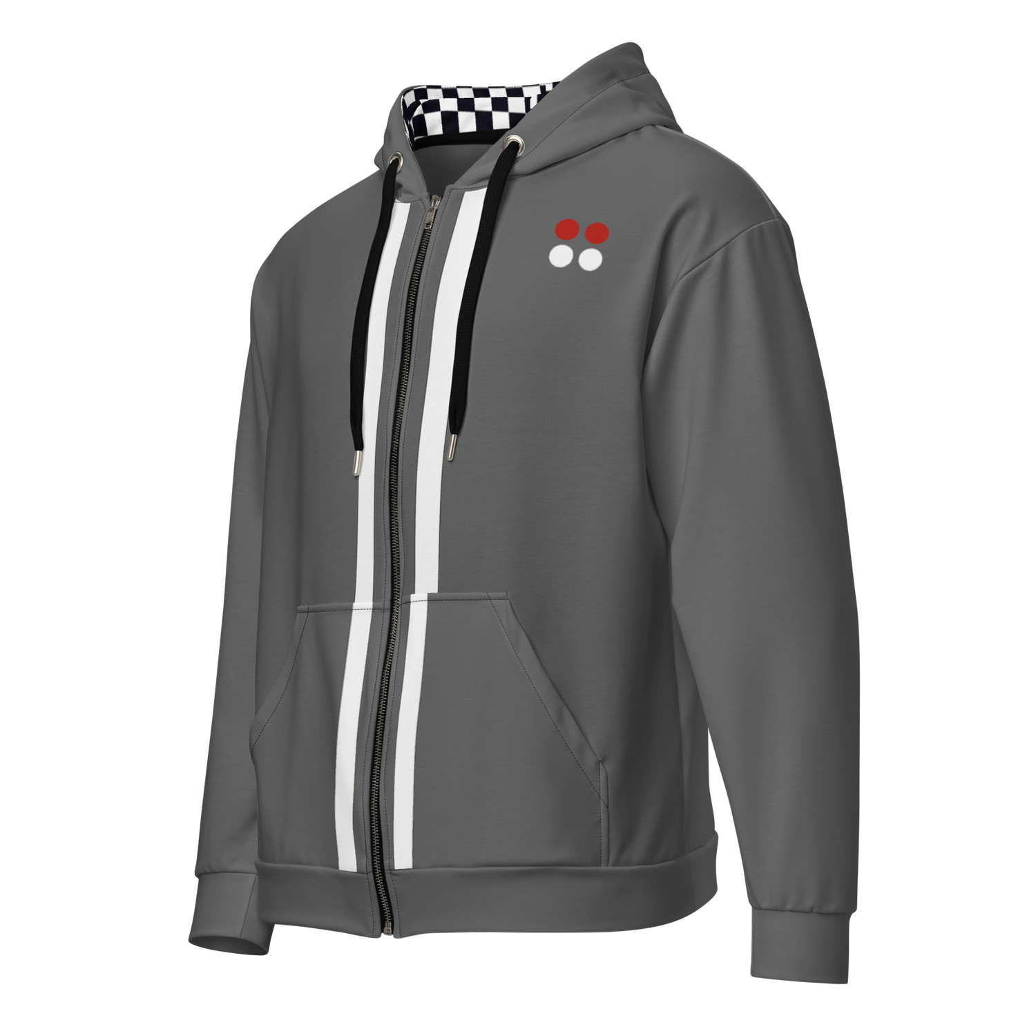 Gray sustainable aviation hoodie with white stripes, front zipper, and checkered hood lining