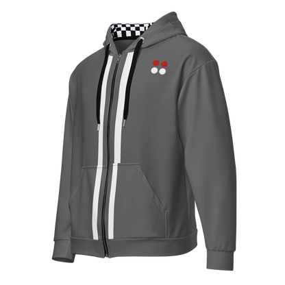 Gray sustainable aviation hoodie with white stripes, front zipper, and checkered hood lining