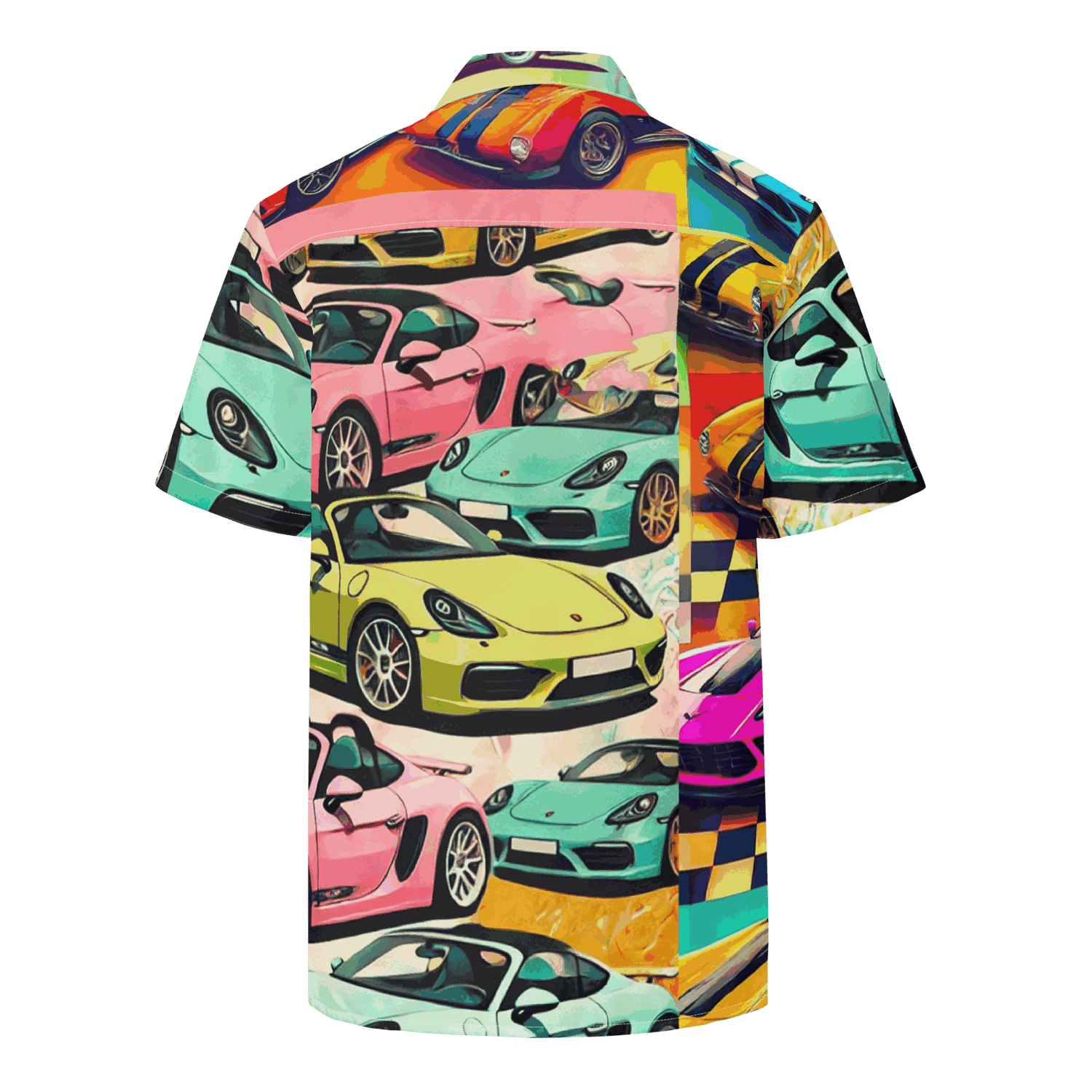 Seven Eighteen Button Up summer shirt with colorful car print, oversized fit, breathable moisture-wicking fabric, and UPF50+ protection