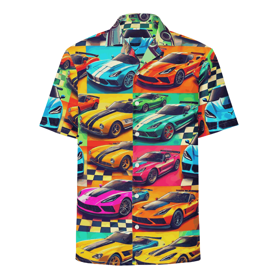 Vette Button Up summer shirt with colorful vintage car print, lightweight breathable fabric, oversized fit, and UPF50+ protection