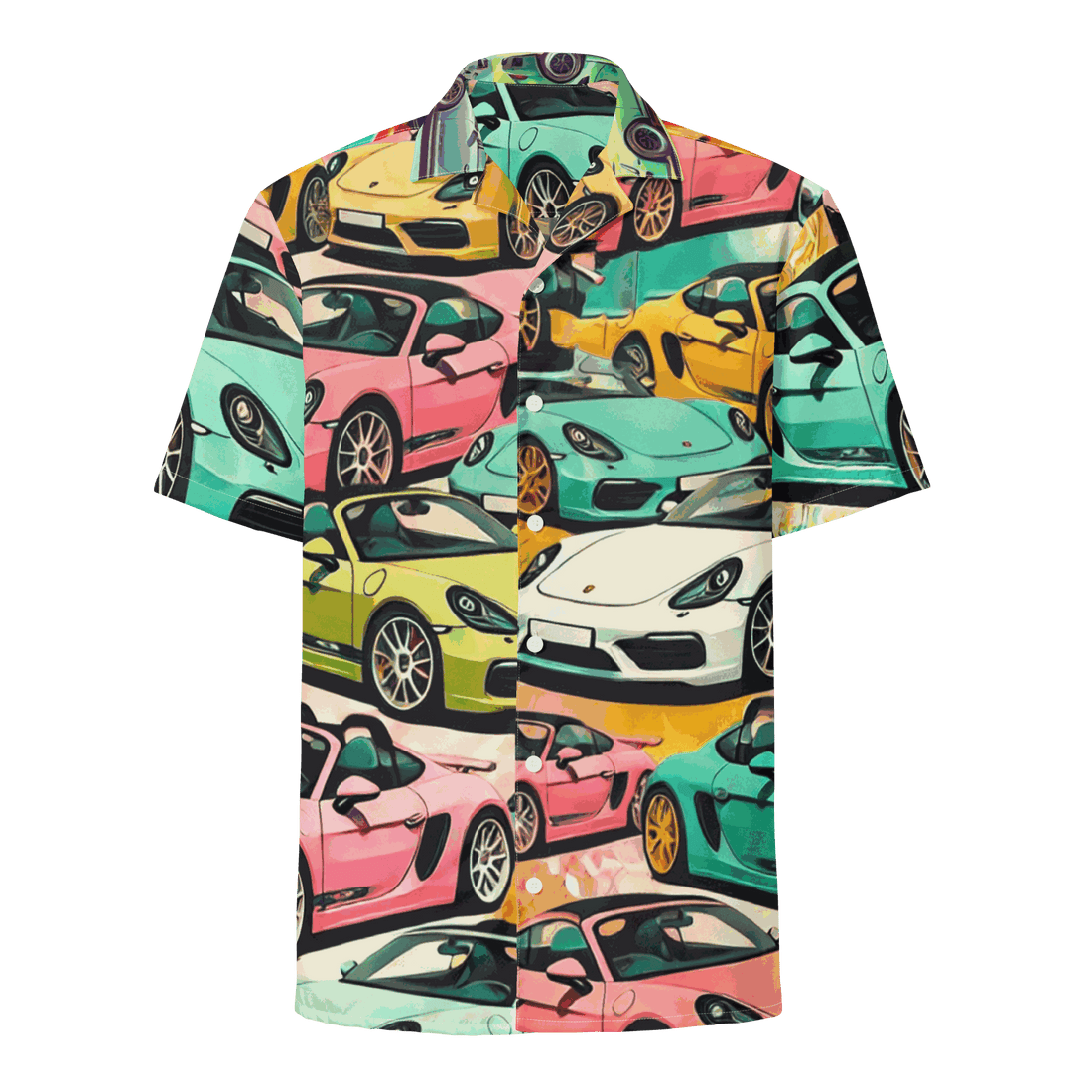 Seven Eighteen Button Up summer shirt with colorful sports car print, breathable moisture-wicking fabric, and oversized fit.