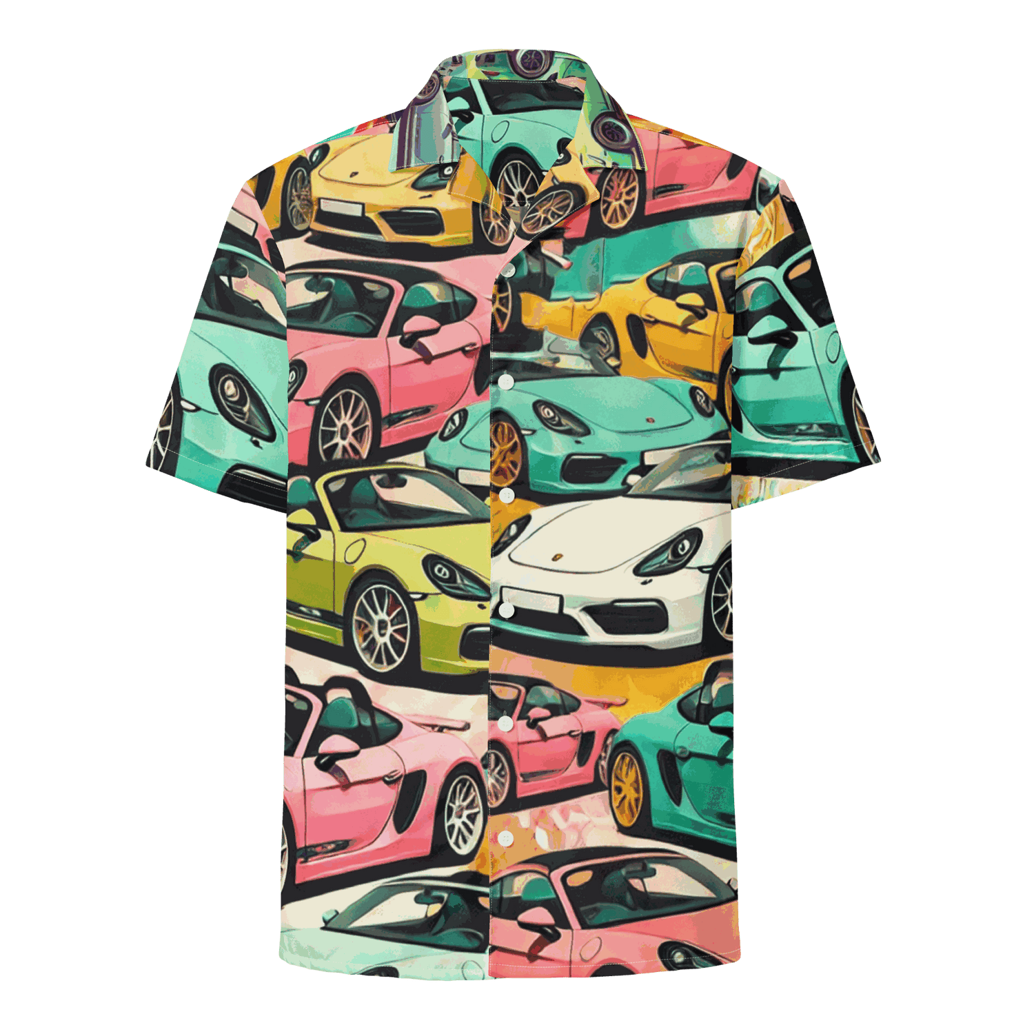 Seven Eighteen Button Up summer shirt with colorful sports car print, breathable moisture-wicking fabric, and oversized fit.
