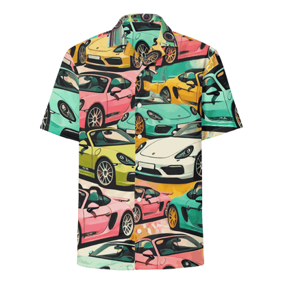 Seven Eighteen Button Up summer shirt with colorful sports car print, breathable moisture-wicking fabric, and oversized fit.
