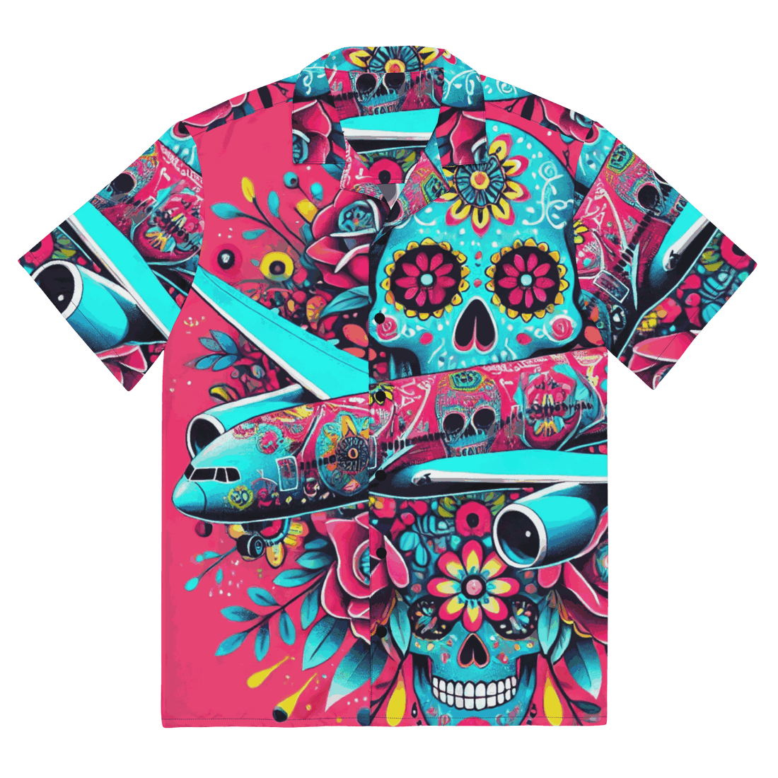 Día de Muertos Hawaiian shirt with vibrant sugar skull and airplane design on pink background, breathable fabric, button-up style.