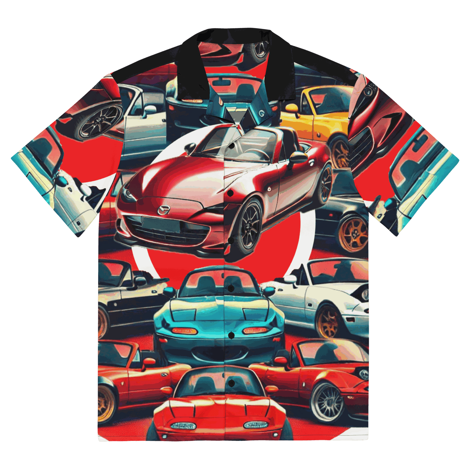 Hawaiian Button Up shirt with colorful car print, lightweight moisture-wicking fabric, oversized fit, and UPF50+ protection