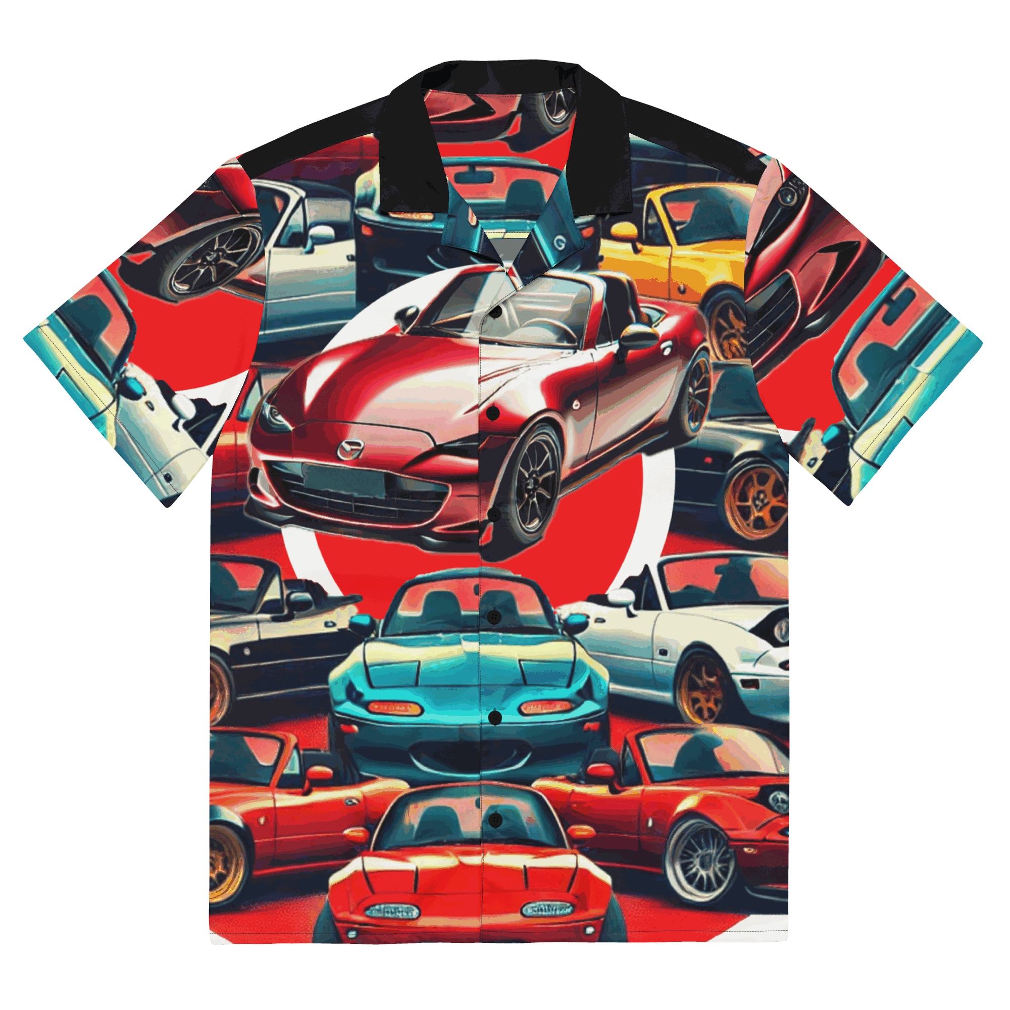 Hawaiian Button Up shirt with colorful car print, lightweight moisture-wicking fabric, oversized fit, and UPF50+ protection