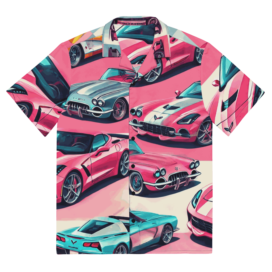 Hawaiian Button Up shirt with vibrant vintage car print, oversized fit, breathable moisture-wicking fabric, and UPF50+ protection.