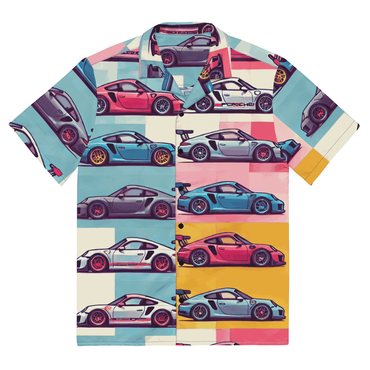 Colorful Hawaiian button up shirt with car print, lightweight and moisture-wicking fabric, oversized fit, UPF50+ protection