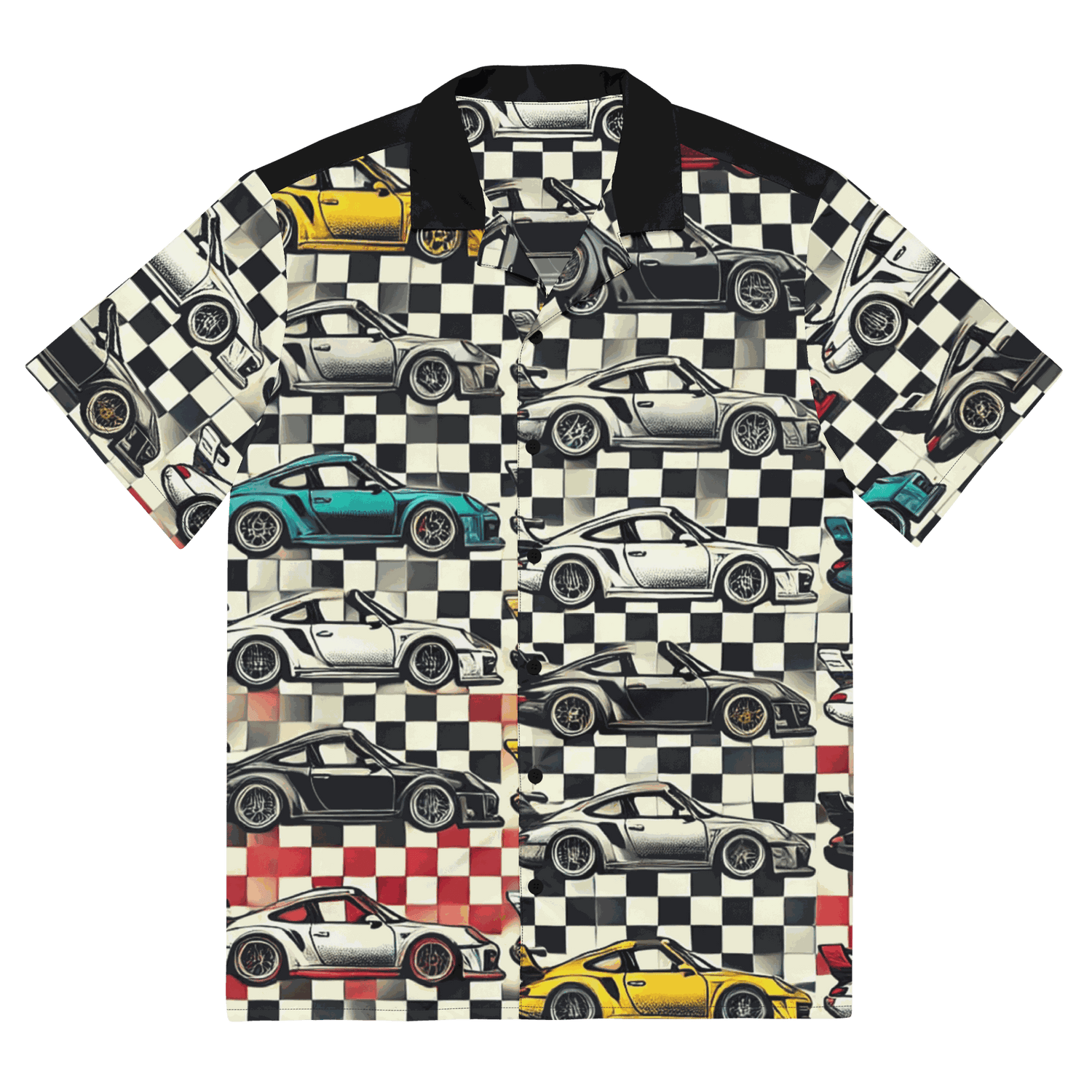 Hawaiian Button Up shirt with vintage car and checkerboard print, breathable moisture-wicking fabric, oversized fit, and UPF50+ protection