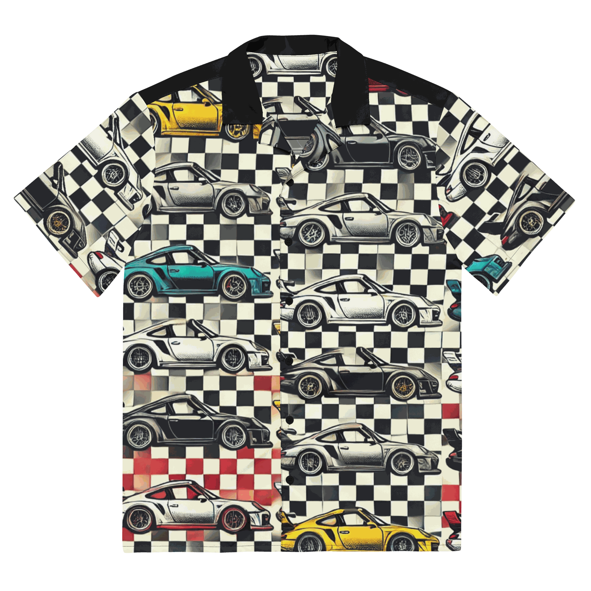 Hawaiian Button Up shirt with vintage car and checkerboard print, breathable moisture-wicking fabric, oversized fit, and UPF50+ protection
