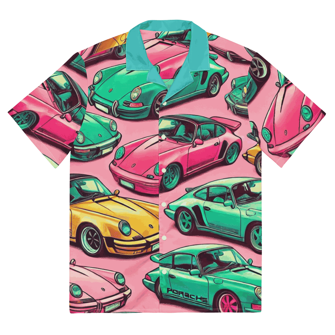 Colorful Hawaiian Button Up shirt with vintage car print and turquoise collar, lightweight and moisture-wicking summer wear