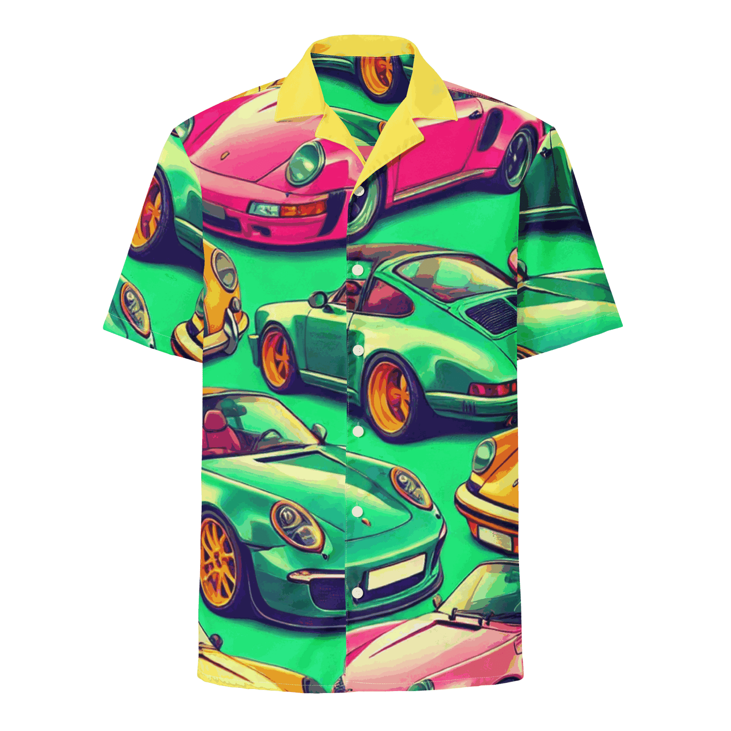 Button Up 4 summer shirt with vibrant car print, oversized fit, lightweight moisture-wicking fabric, and UPF50+ protection
