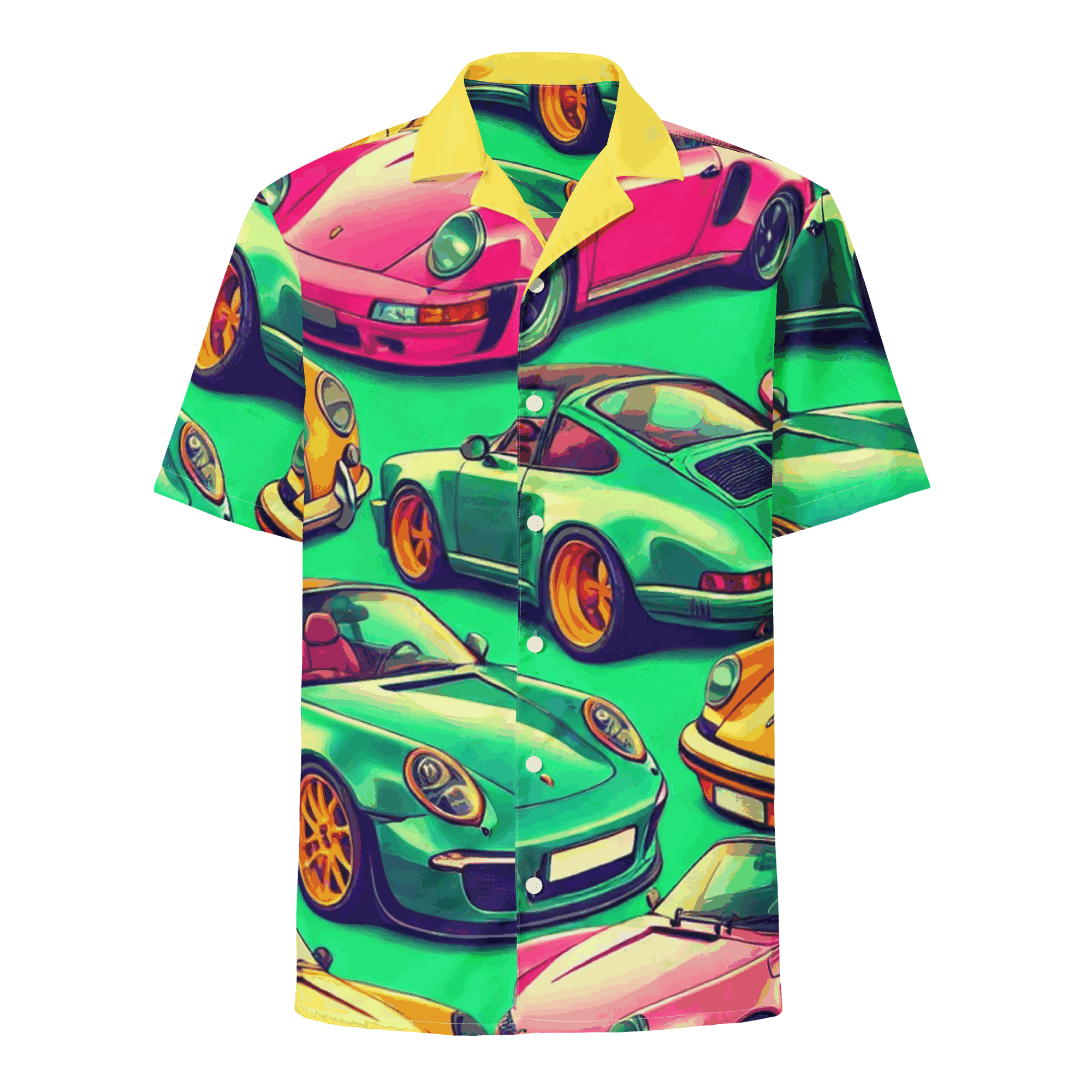 Button Up 4 summer shirt with vibrant car print, oversized fit, lightweight moisture-wicking fabric, and UPF50+ protection