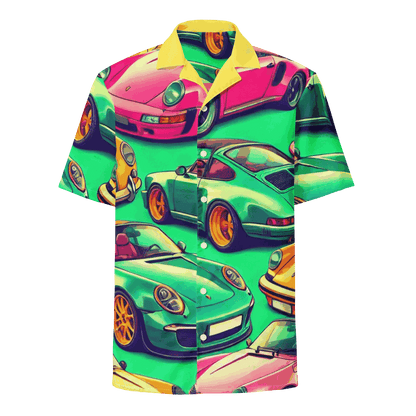 Button Up 4 summer shirt with vibrant car print, oversized fit, lightweight moisture-wicking fabric, and UPF50+ protection