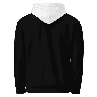 Back view of Sunset Car Hoodie with black body and white hood, unisex relaxed fit pullover hoodie for car enthusiasts