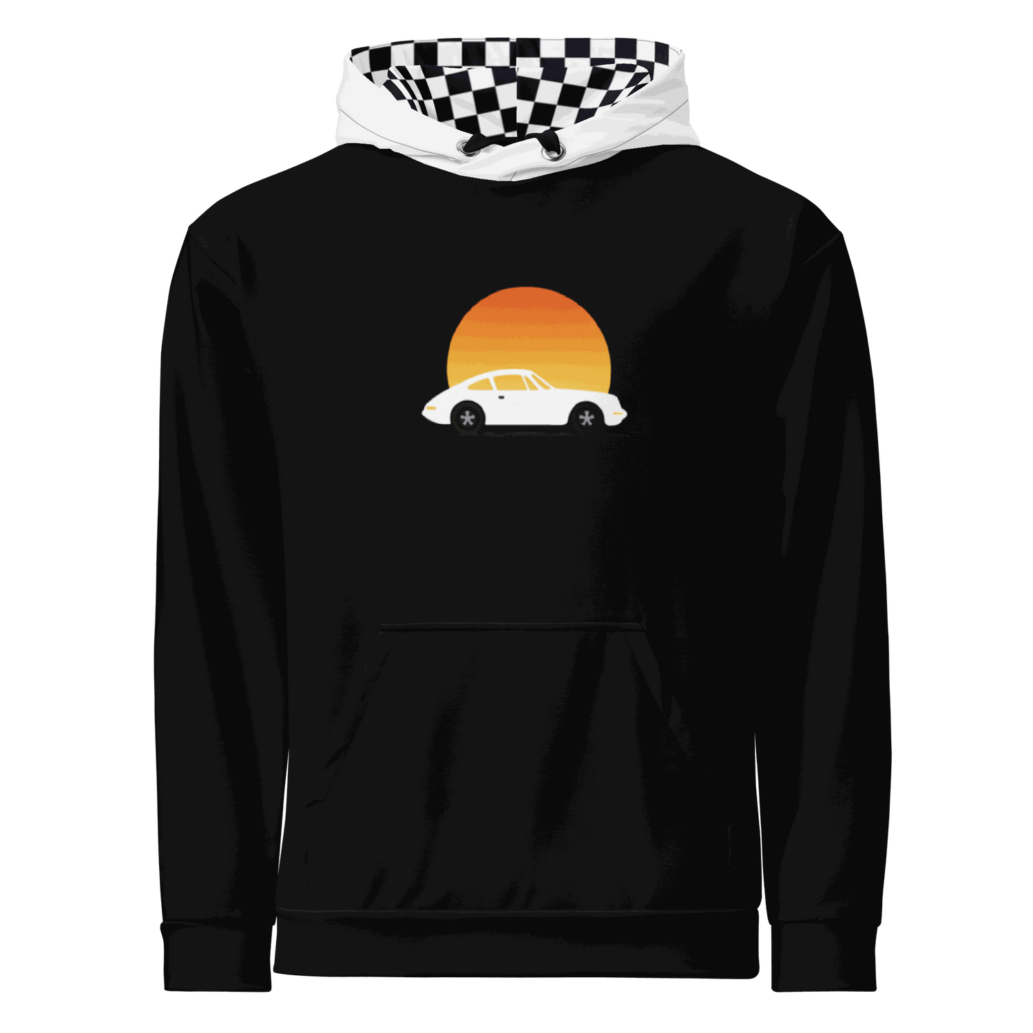 Black Sunset Car Hoodie with retro car graphic and orange sunset design, checkered hood lining, cozy pullover style
