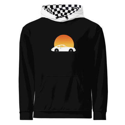 Black Sunset Car Hoodie with retro car graphic and orange sunset design, checkered hood lining, cozy pullover style
