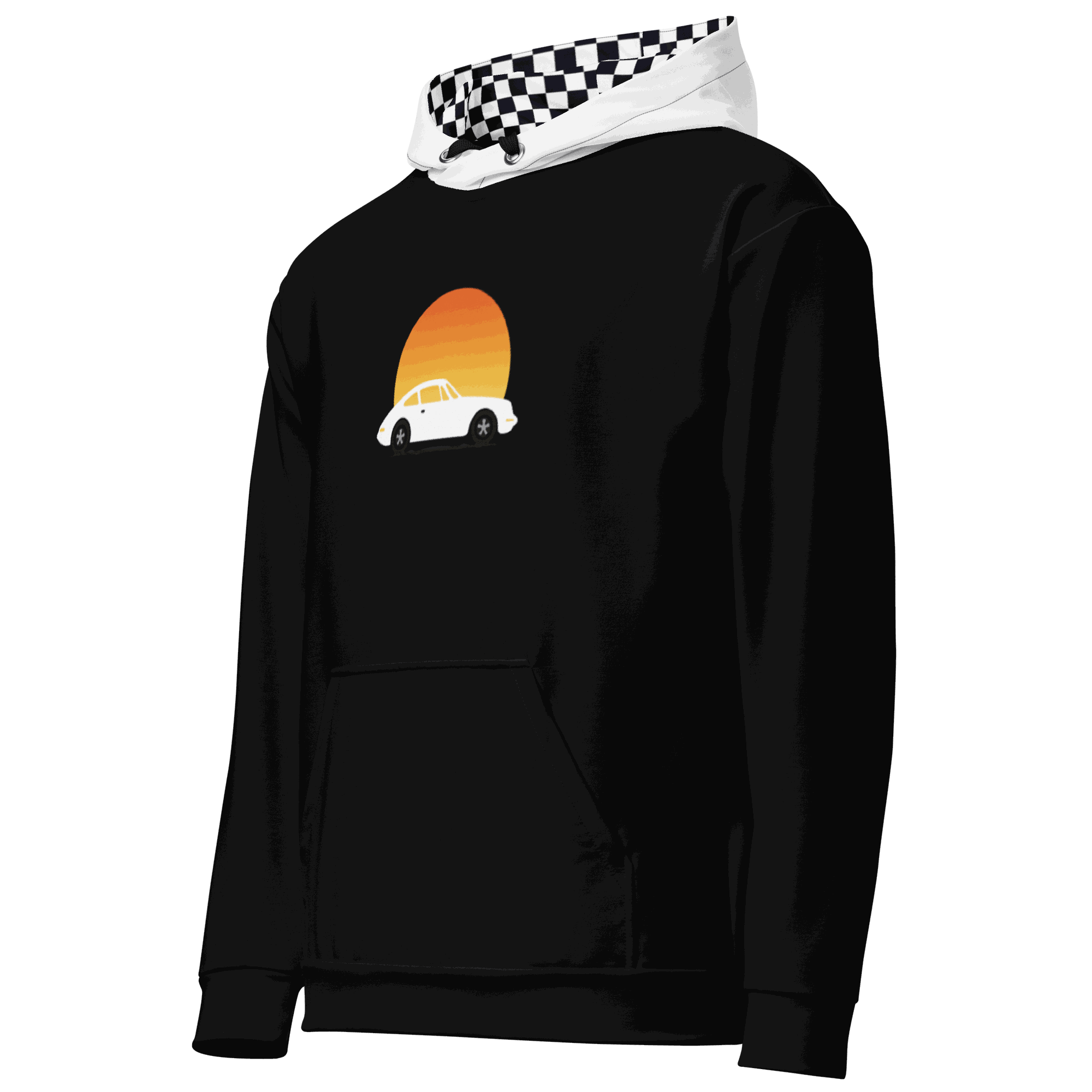 Sunset Car Hoodie black retro pullover with car and sunset graphic, checkered hood lining, cozy casual fit
