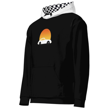 Sunset Car Hoodie black retro pullover with car and sunset graphic, checkered hood lining, cozy casual fit