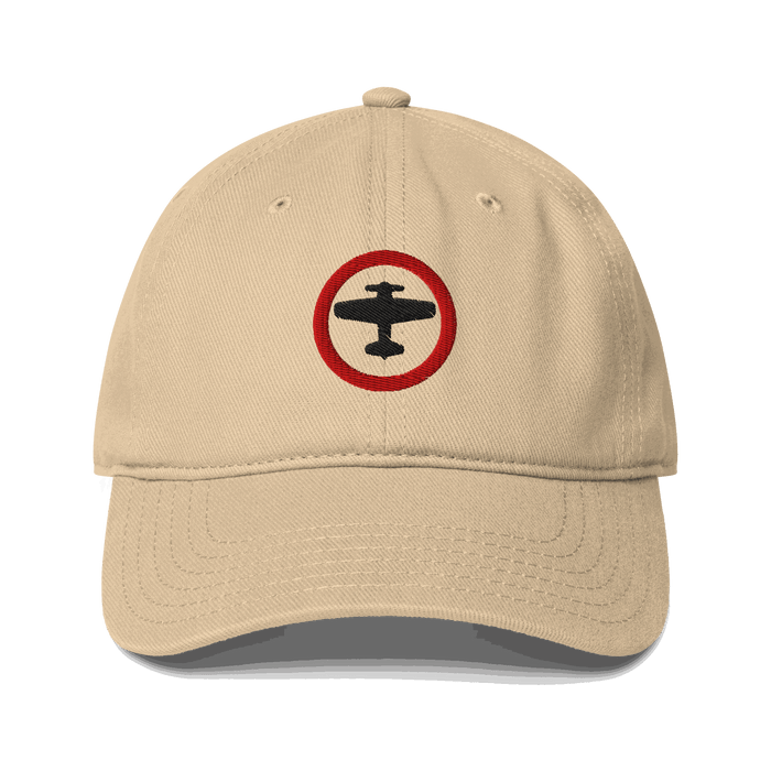 Beige aviation low-profile baseball cap with embroidered airplane logo and adjustable strap