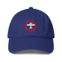 Aviation low-profile baseball cap in blue with embroidered airplane logo and adjustable strap