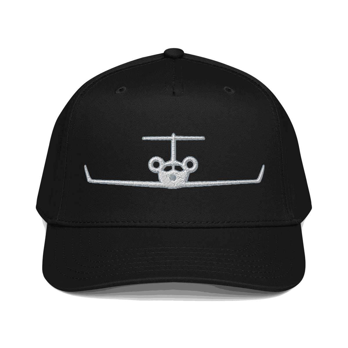 Black aviation hat private jet cap with embroidered airplane front design and adjustable snapback closure