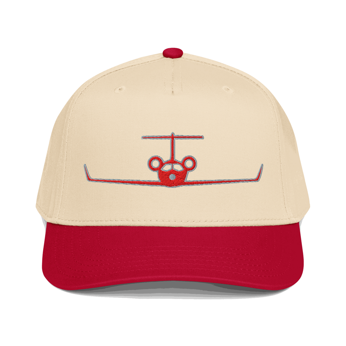 Aviation hat private jet cap with red visor and embroidered plane design