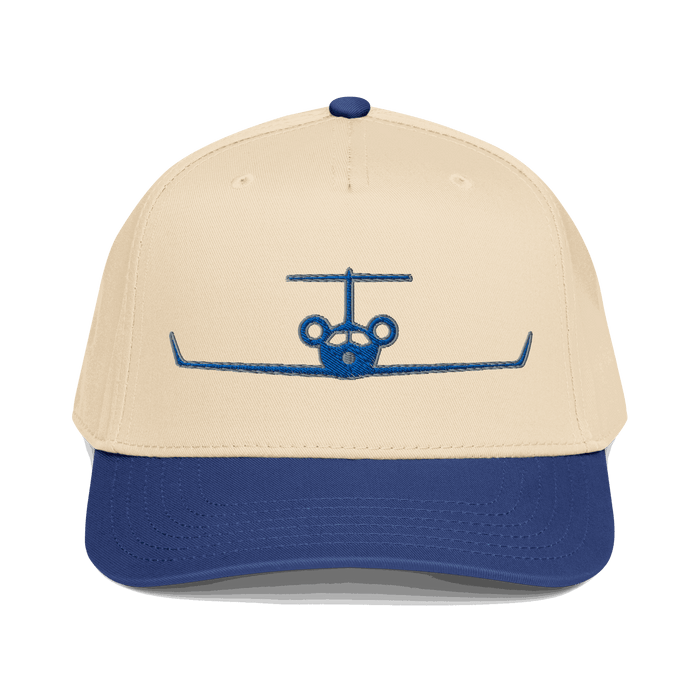 Aviation hat private jet cap 5-panel embroidered beige and blue with airplane design and adjustable snapback closure