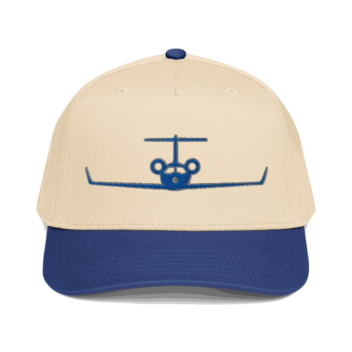 Aviation hat private jet cap 5-panel embroidered beige and blue with airplane design and adjustable snapback closure