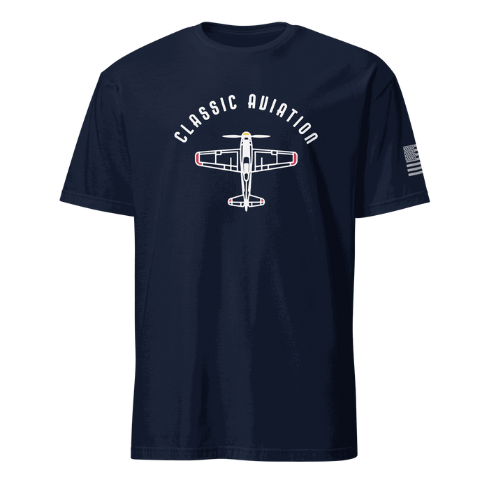 Vintage aviation t-shirt for pilots featuring classic airplane design and American flag detail.